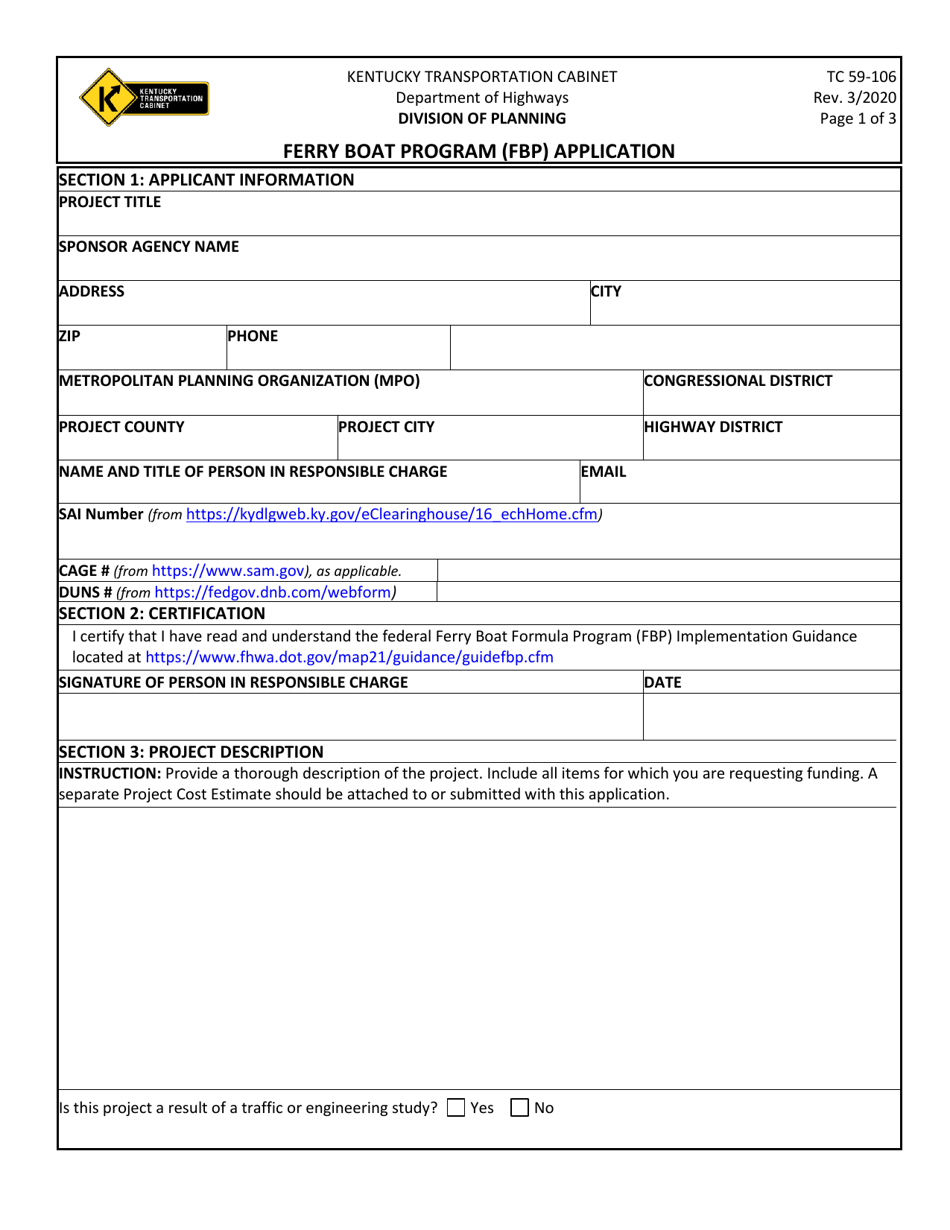 Form TC59-106 Ferry Boat Program (Fbp) Application - Kentucky, Page 1