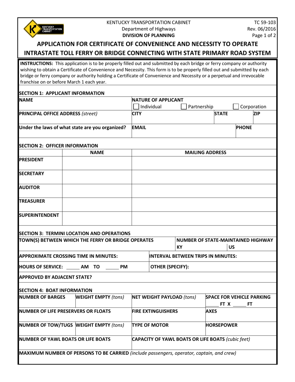 Form TC59-103 Application for Certificate of Convenience and Necessity to Operate Intrastate Toll Ferry or Bridge Connecting With State Primary Road System - Kentucky, Page 1