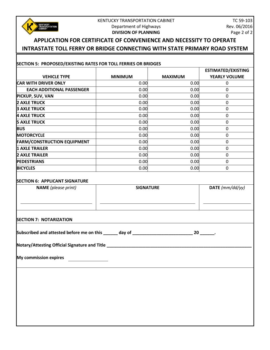Form TC59-103 Application for Certificate of Convenience and Necessity to Operate Intrastate Toll Ferry or Bridge Connecting With State Primary Road System - Kentucky, Page 2