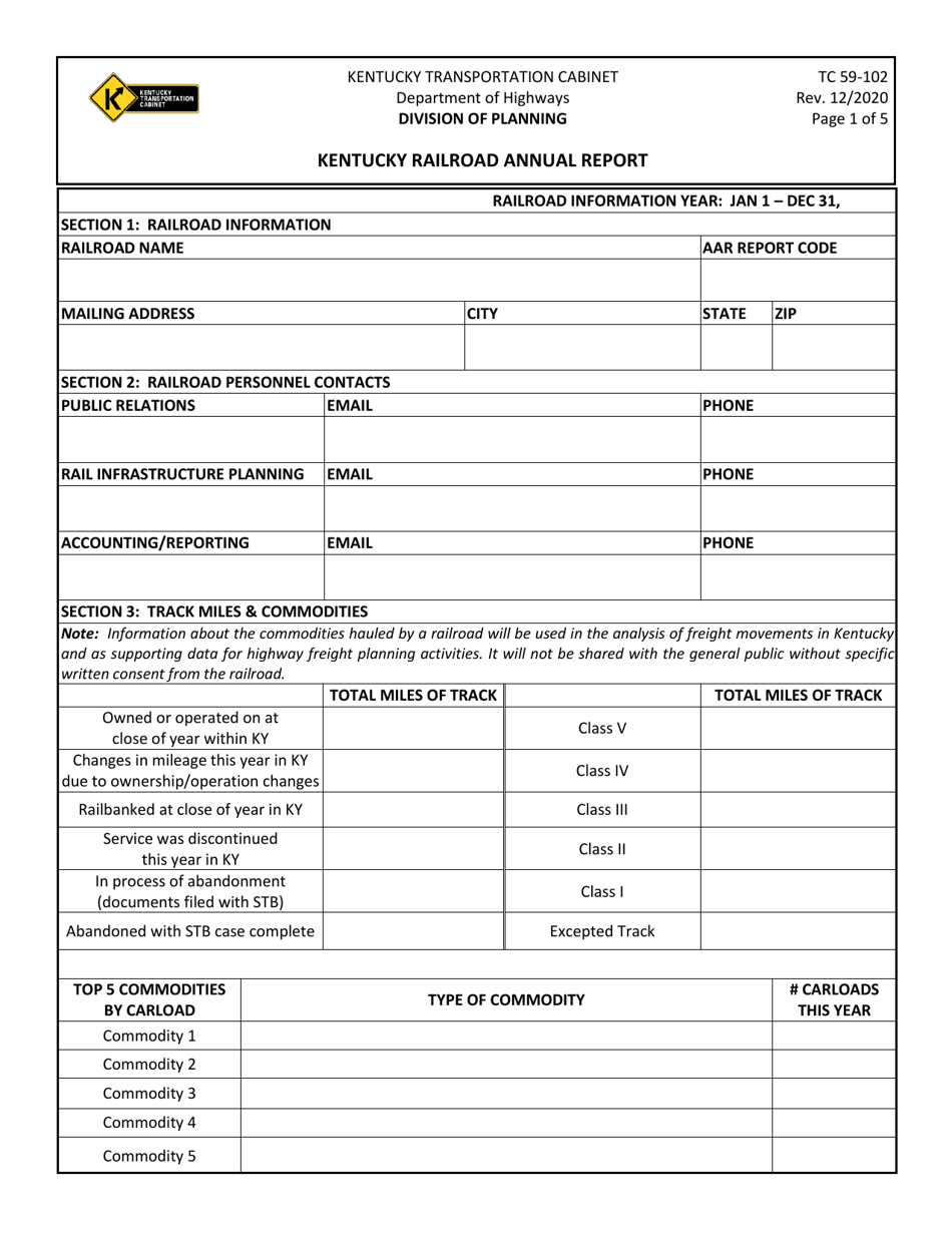 Form TC59-102 Kentucky Railroad Annual Report - Kentucky, Page 1