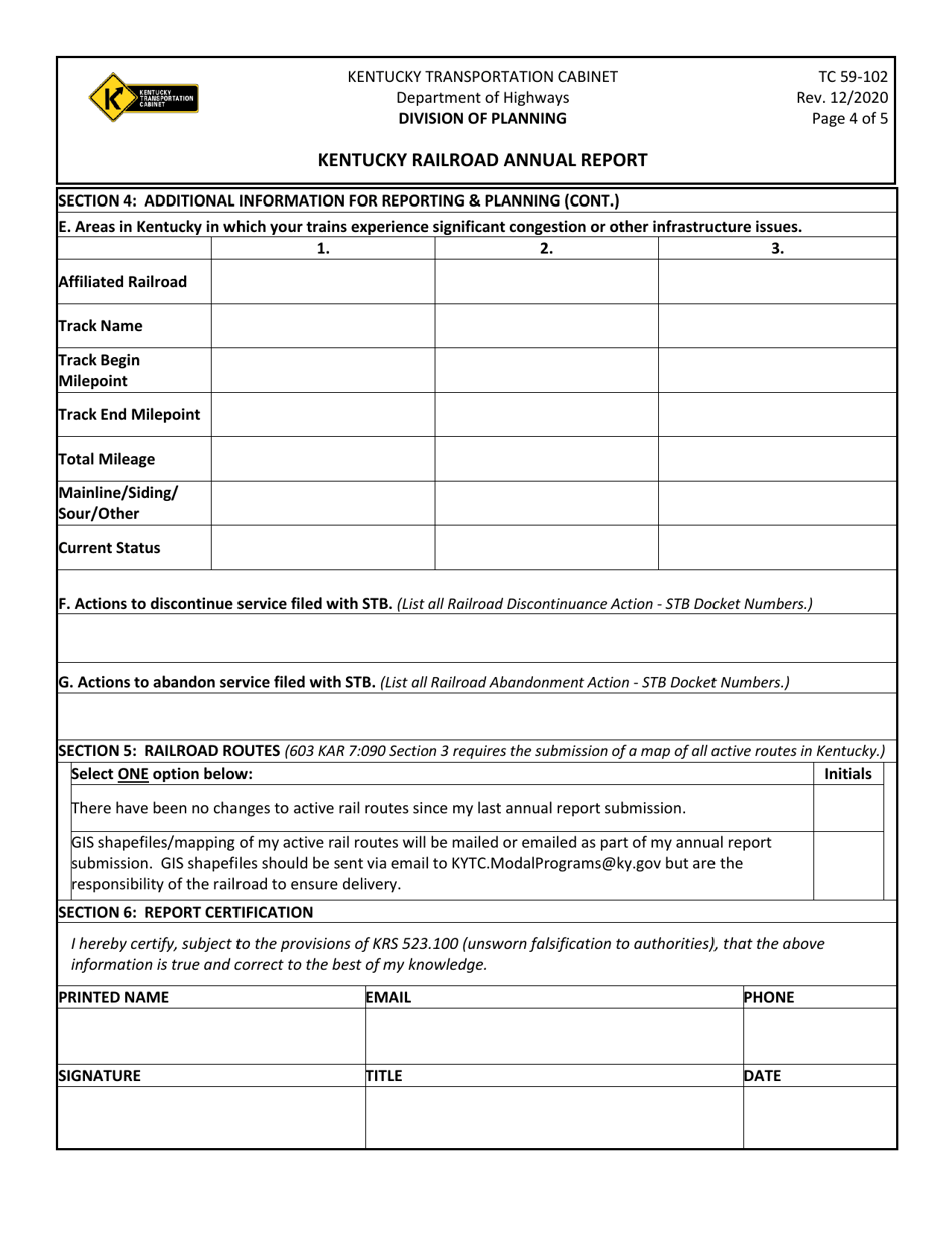 Form TC59-102 Kentucky Railroad Annual Report - Kentucky, Page 4