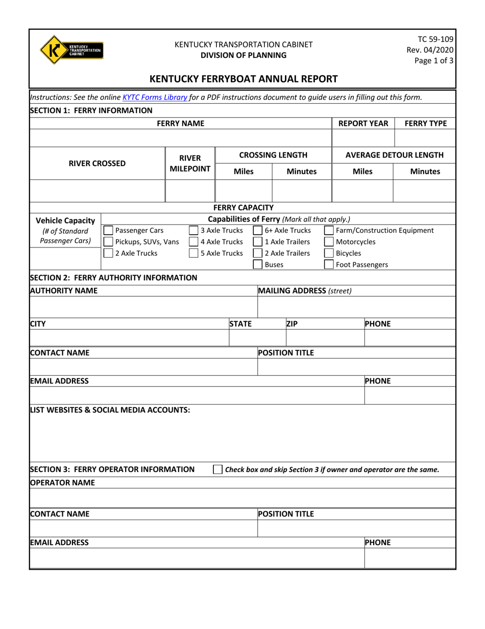 Form TC59-109 Kentucky Ferryboat Annual Report - Kentucky, Page 1