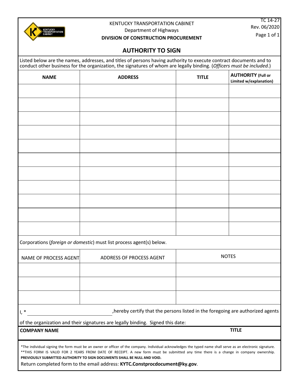 Form TC14-27 Authority to Sign - Kentucky, Page 1
