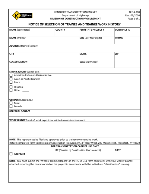 Form TC14-310 Notice of Selection of Trainee and Trainee Work History - Kentucky