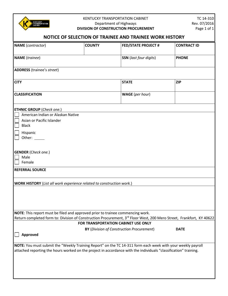 Form TC14-310 Notice of Selection of Trainee and Trainee Work History - Kentucky, Page 1