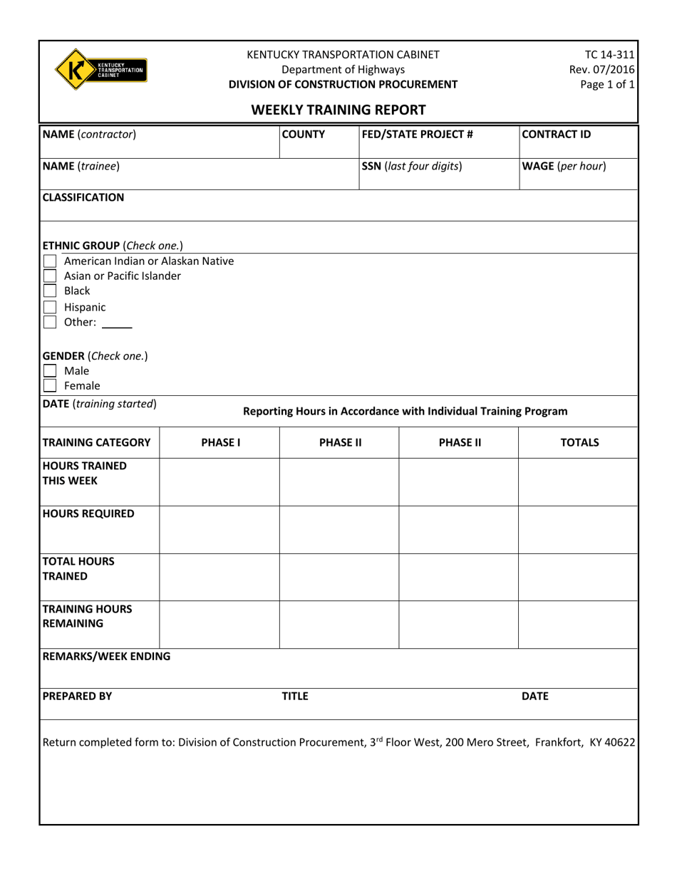 Form TC14-311 Weekly Training Report - Kentucky, Page 1