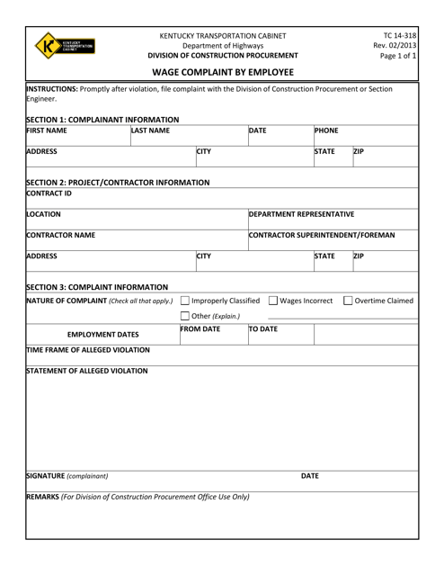 Form TC14-318 Wage Complaint by Employee - Kentucky
