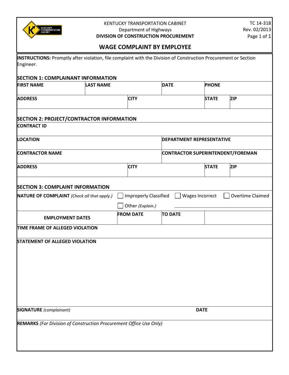 Form TC14-318 Wage Complaint by Employee - Kentucky, Page 1