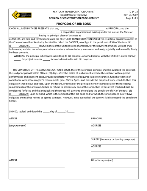 Form TC14-14 Proposal or Bid Bond - Kentucky