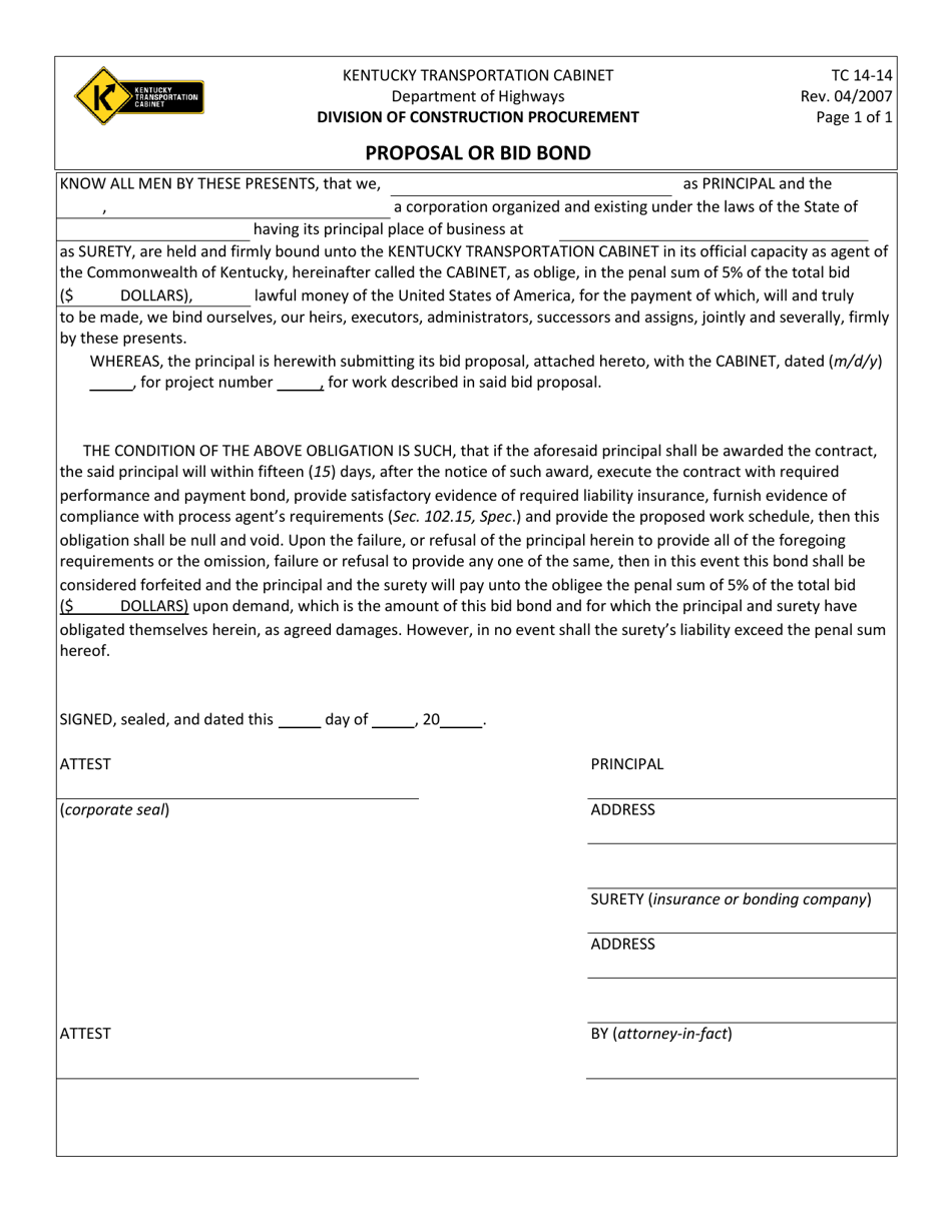 Form TC14-14 Proposal or Bid Bond - Kentucky, Page 1