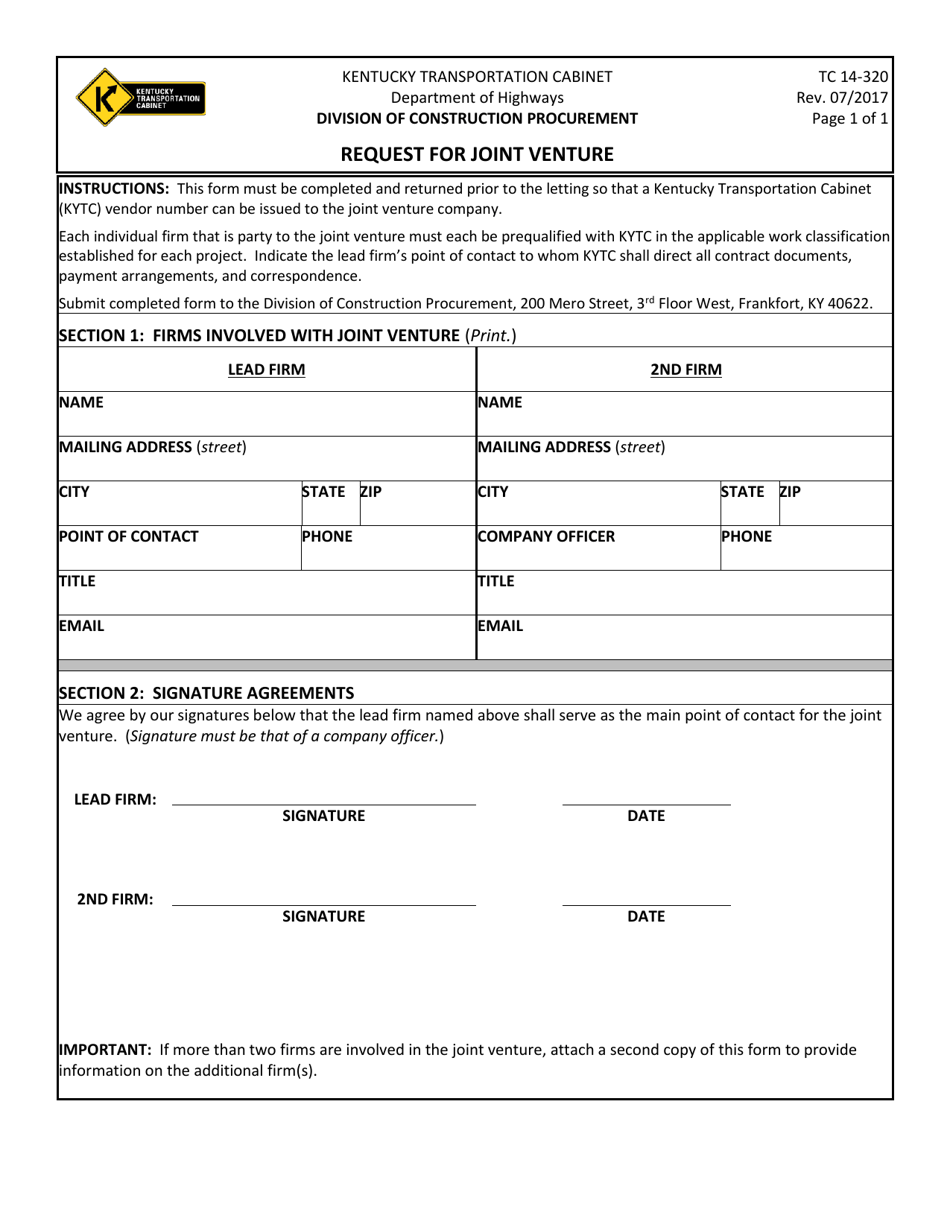 Form TC14-320 Request for Joint Venture - Kentucky, Page 1