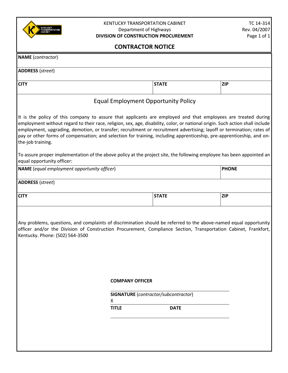 Form TC14-314 Contractor Notice - Kentucky, Page 1
