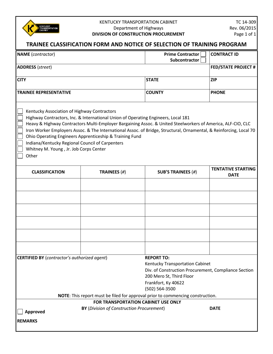 Form TC14-309 Trainee Classification Form and Notice of Selection of Training Program - Kentucky, Page 1