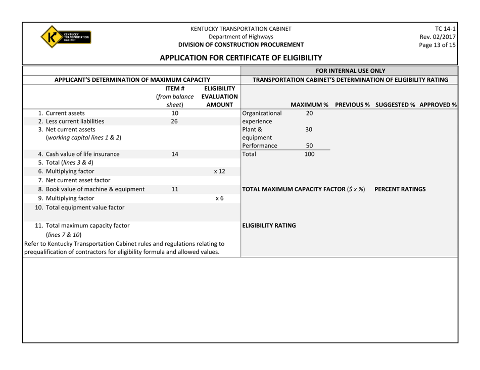Form TC14-1 Application for Certificate of Eligibility - Kentucky, Page 13