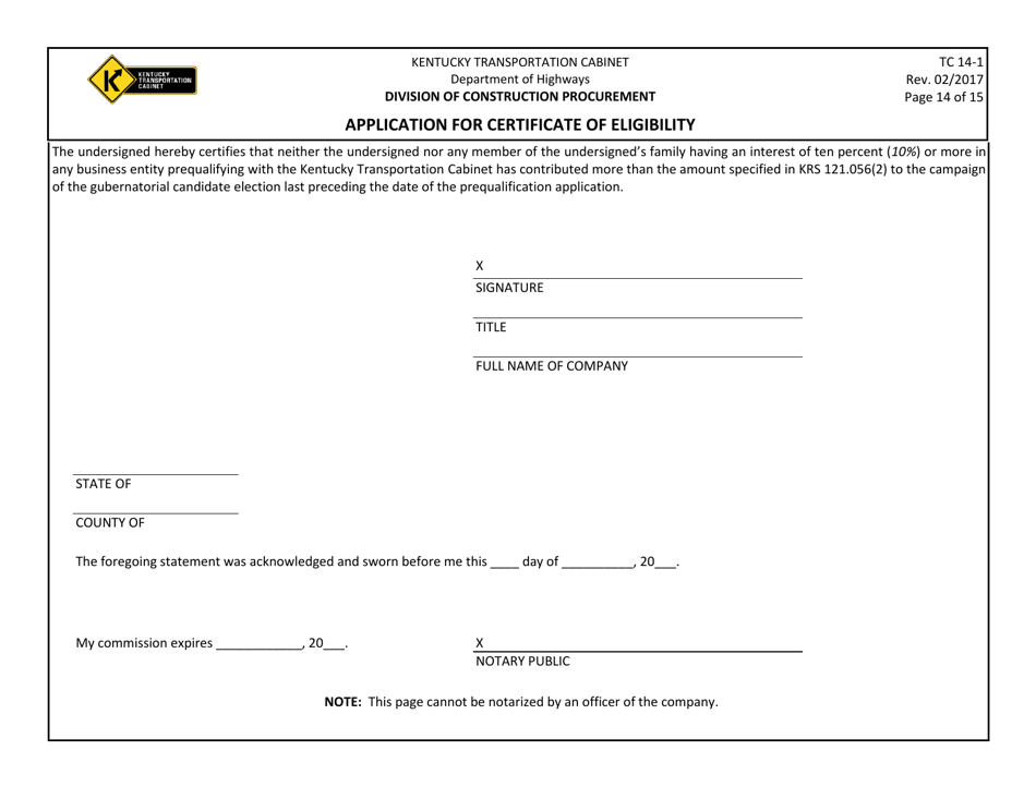 Form TC14-1 Application for Certificate of Eligibility - Kentucky, Page 14