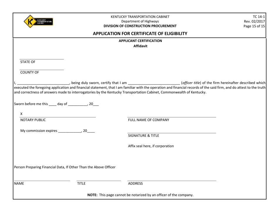 Form TC14-1 Application for Certificate of Eligibility - Kentucky, Page 15