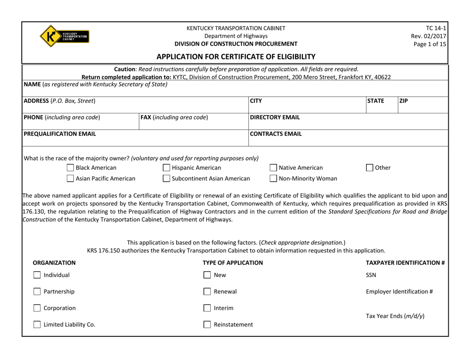 Form TC14-1 Application for Certificate of Eligibility - Kentucky, Page 1