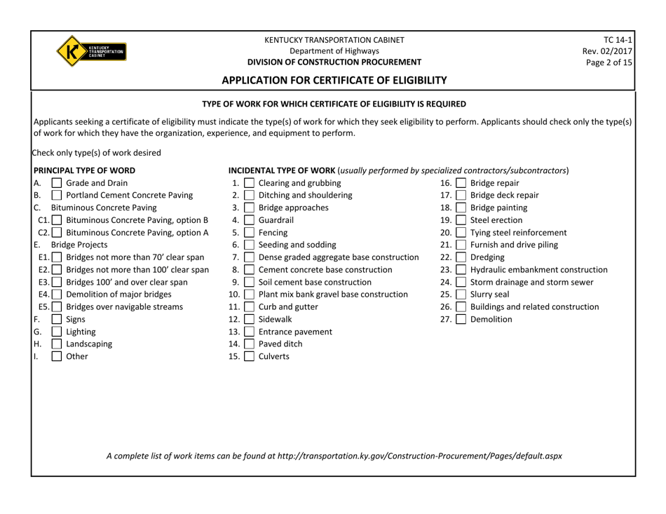 Form TC14-1 Application for Certificate of Eligibility - Kentucky, Page 2