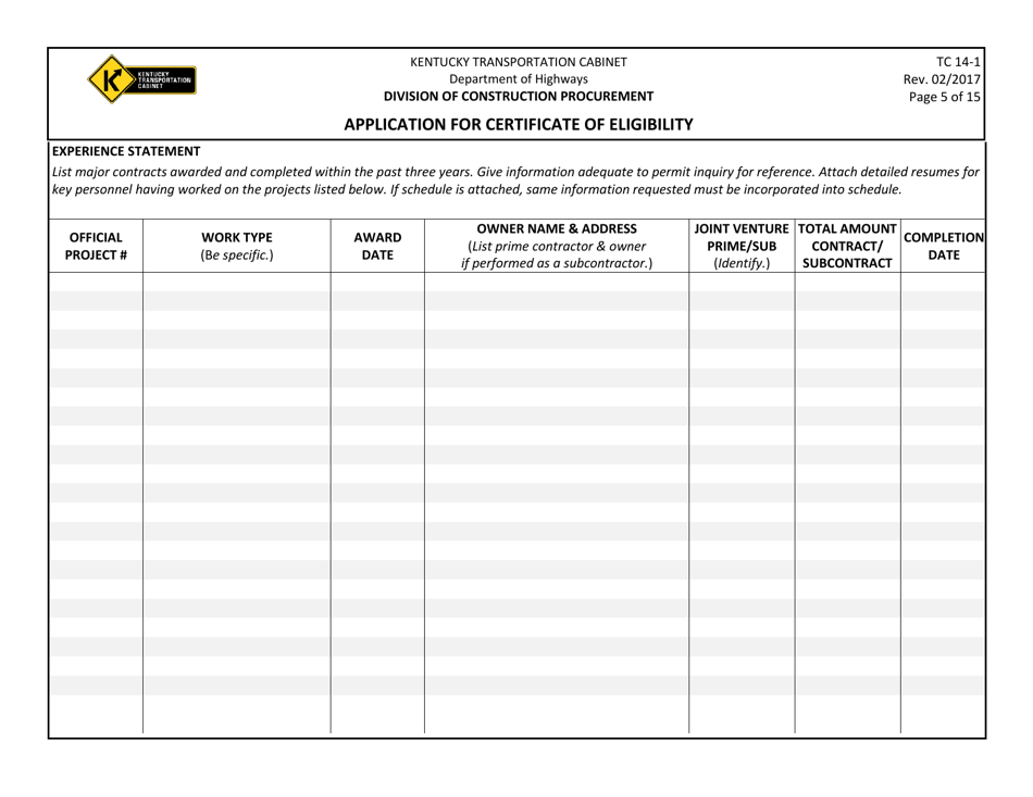 Form TC14-1 Application for Certificate of Eligibility - Kentucky, Page 5