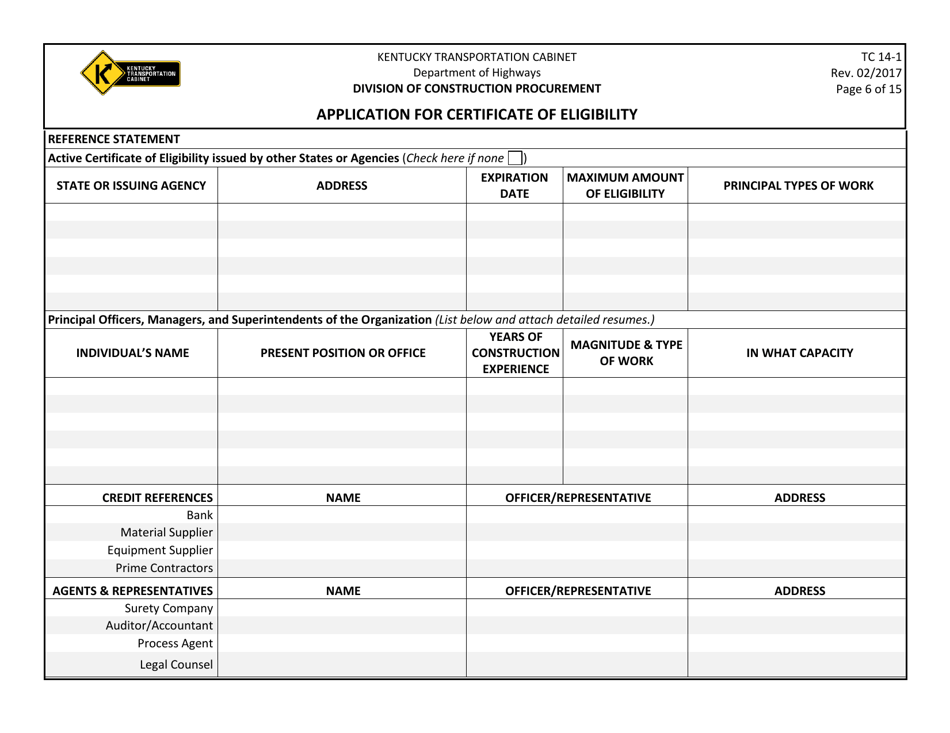 Form TC14-1 Application for Certificate of Eligibility - Kentucky, Page 6