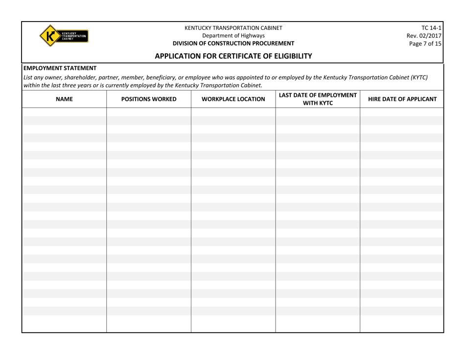 Form TC14-1 Application for Certificate of Eligibility - Kentucky, Page 7