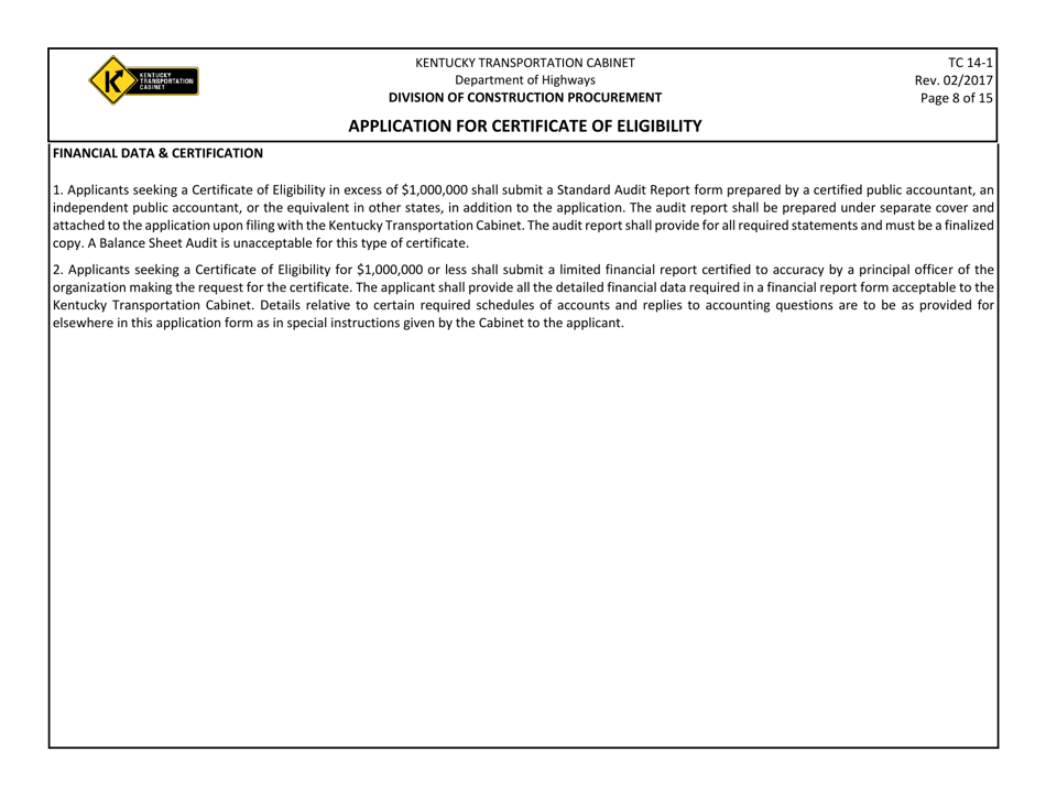 Form TC14-1 Application for Certificate of Eligibility - Kentucky, Page 8
