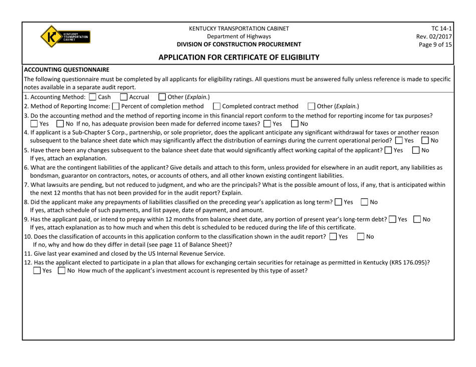 Form TC14-1 Application for Certificate of Eligibility - Kentucky, Page 9