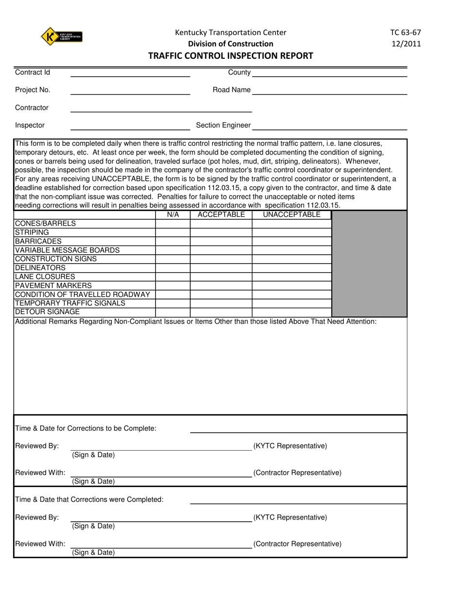 Form TC63-67 Traffic Control Inspection Report - Kentucky, Page 1