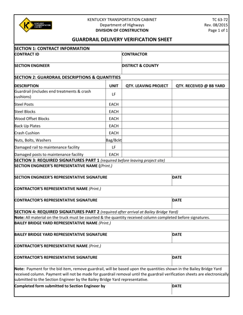 Form TC63-72 Guardrail Delivery Verification Sheet - Kentucky