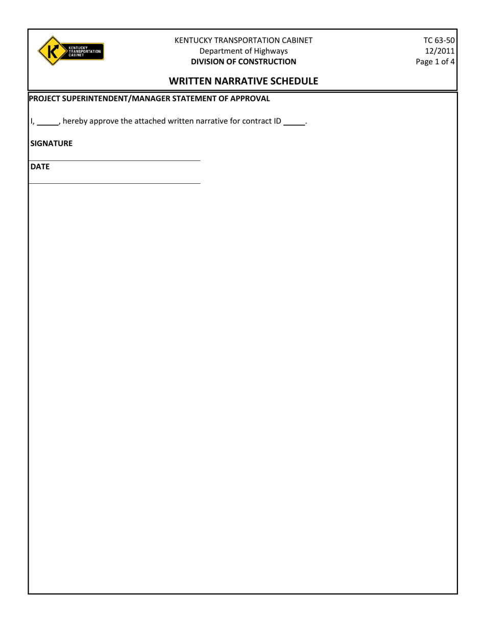 Form TC63-50 Written Narrative Schedule - Kentucky, Page 1