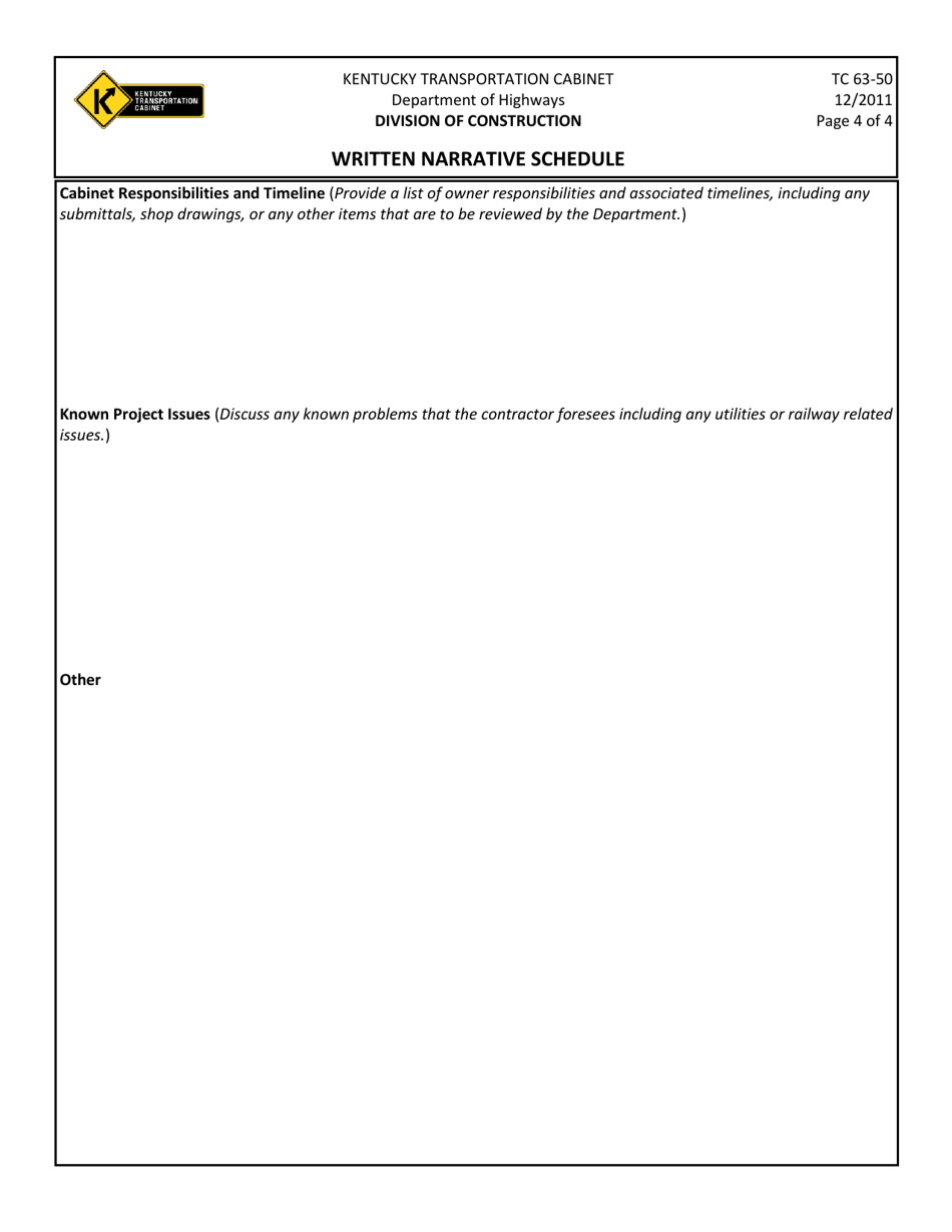Form TC63-50 Written Narrative Schedule - Kentucky, Page 4