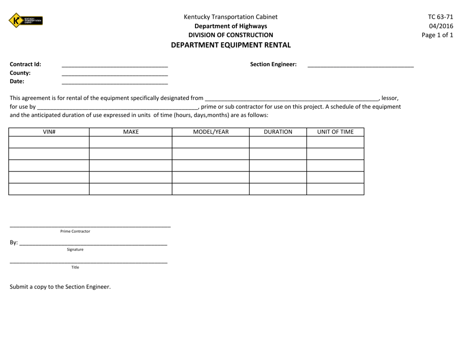 Form TC63-71 Department Equipment Rental - Kentucky, Page 1