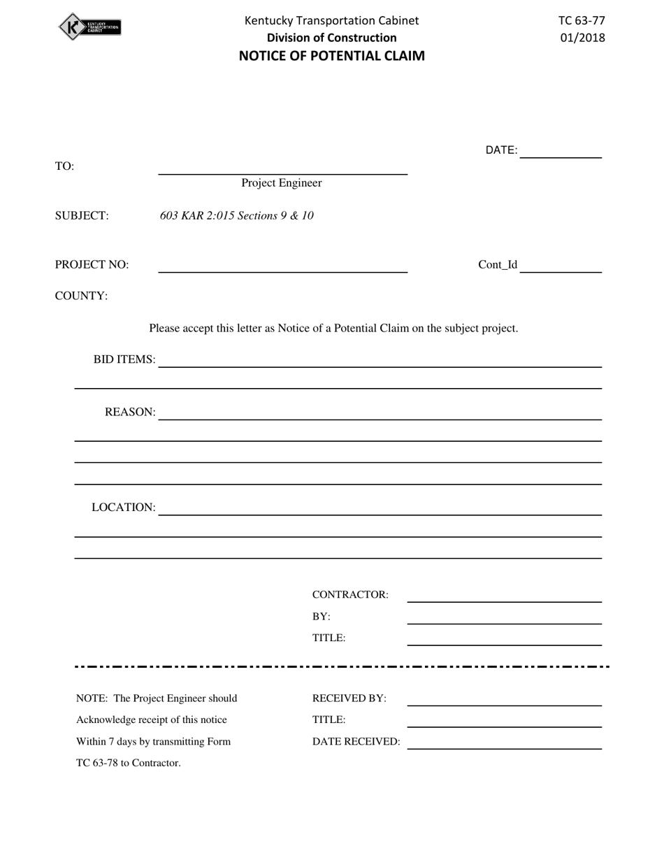Form TC63-77 Notice of Potential Claim - Kentucky, Page 1