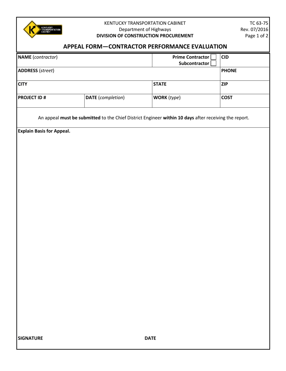 Form TC63-75 Appeal Form - Contractor Performance Evaluation - Kentucky, Page 1
