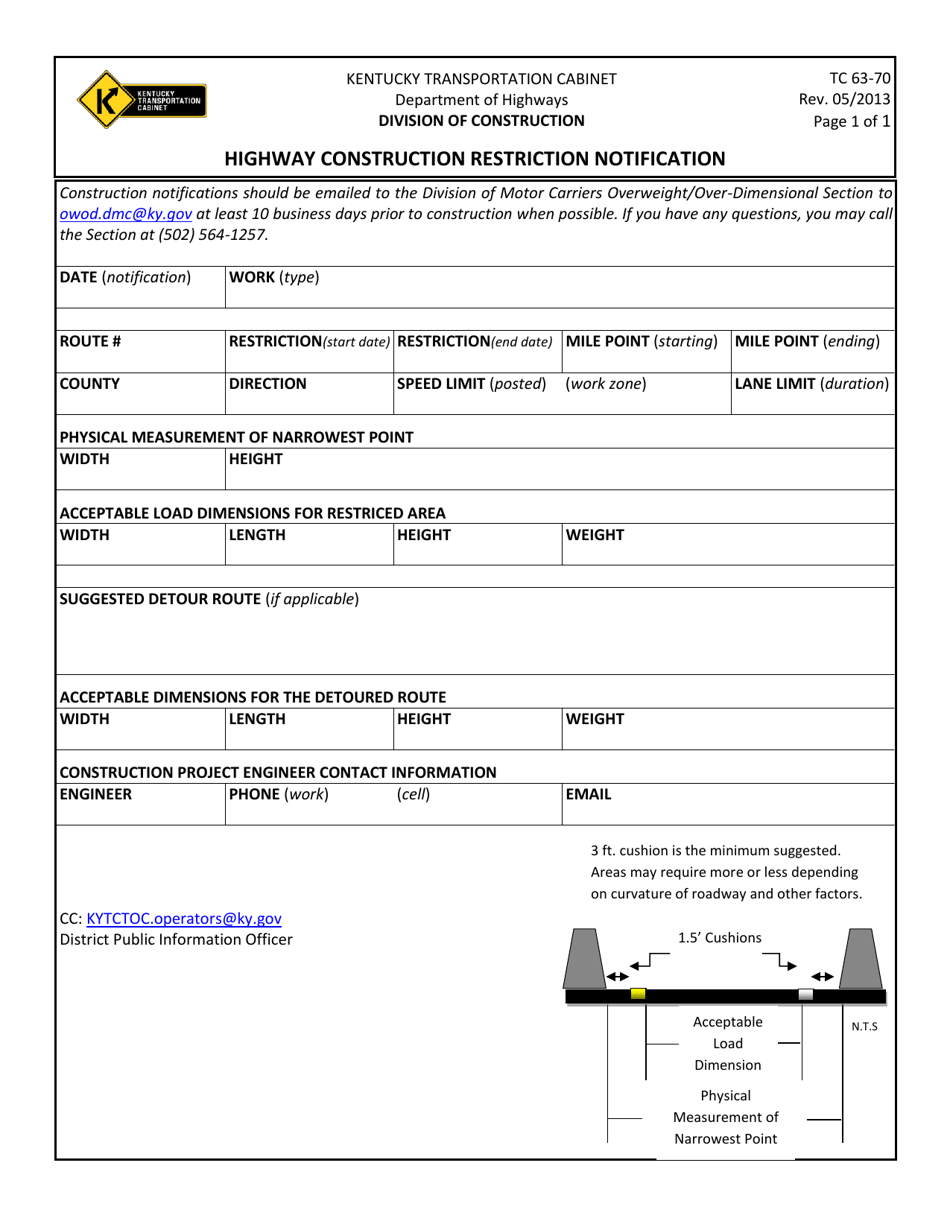 Form TC63-70 Highway Construction Restriction Notification - Kentucky, Page 1