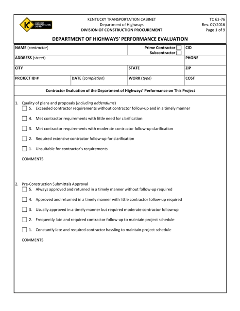 Form TC63-76 Department of Highways' Performance Evaluation - Kentucky