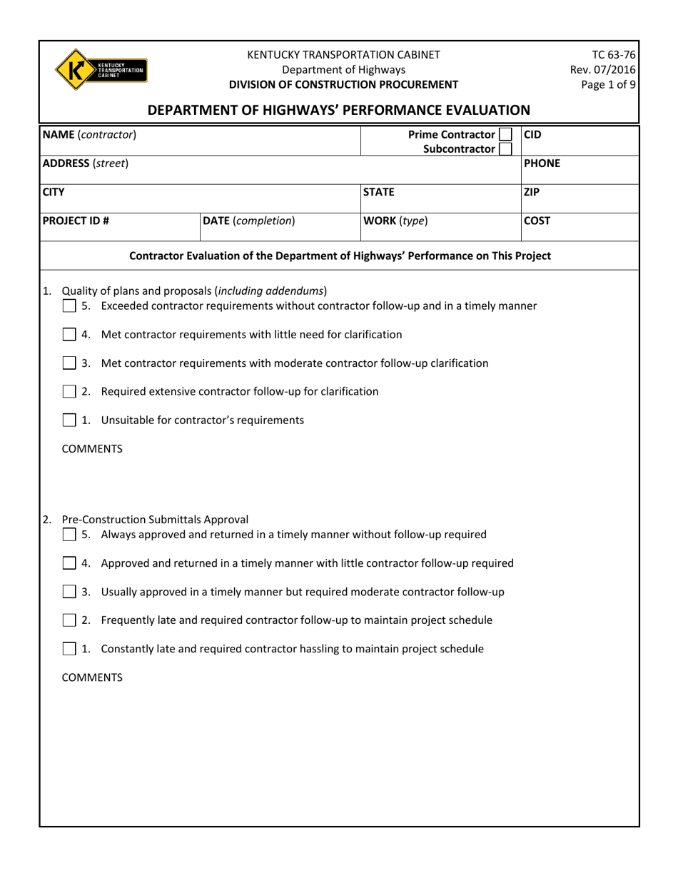 Form TC63-76 Department of Highways Performance Evaluation - Kentucky, Page 1