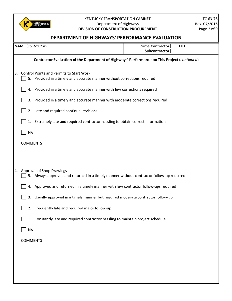 Form TC63-76 Department of Highways Performance Evaluation - Kentucky, Page 2