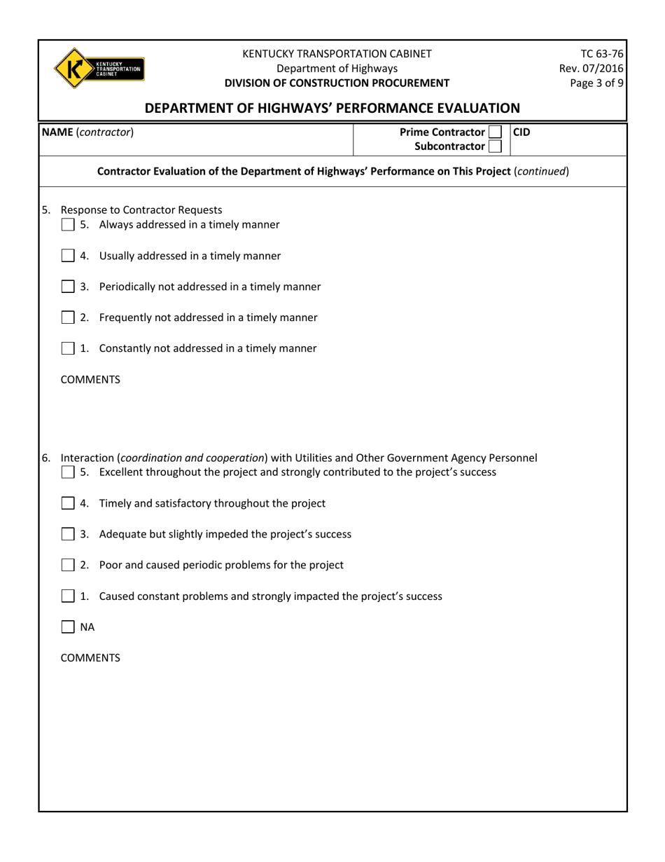 Form TC63-76 Department of Highways Performance Evaluation - Kentucky, Page 3