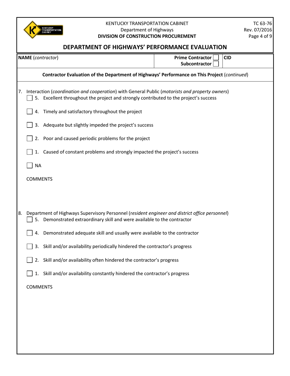 Form TC63-76 Department of Highways Performance Evaluation - Kentucky, Page 4