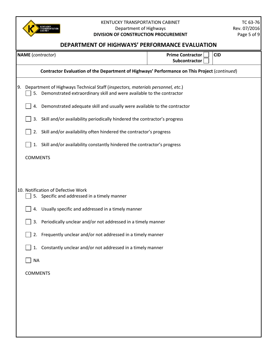 Form TC63-76 Department of Highways Performance Evaluation - Kentucky, Page 5