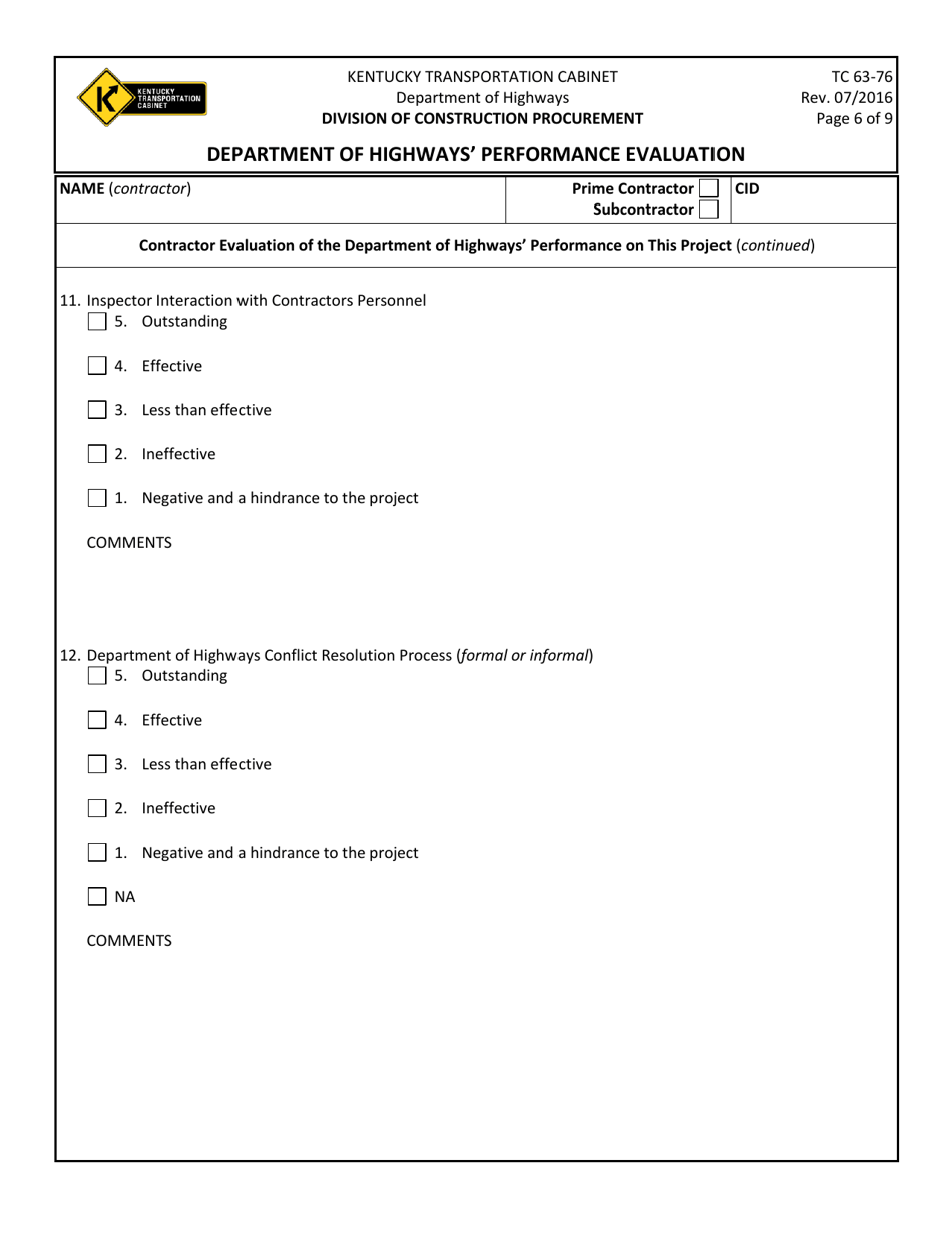 Form TC63-76 Department of Highways Performance Evaluation - Kentucky, Page 6