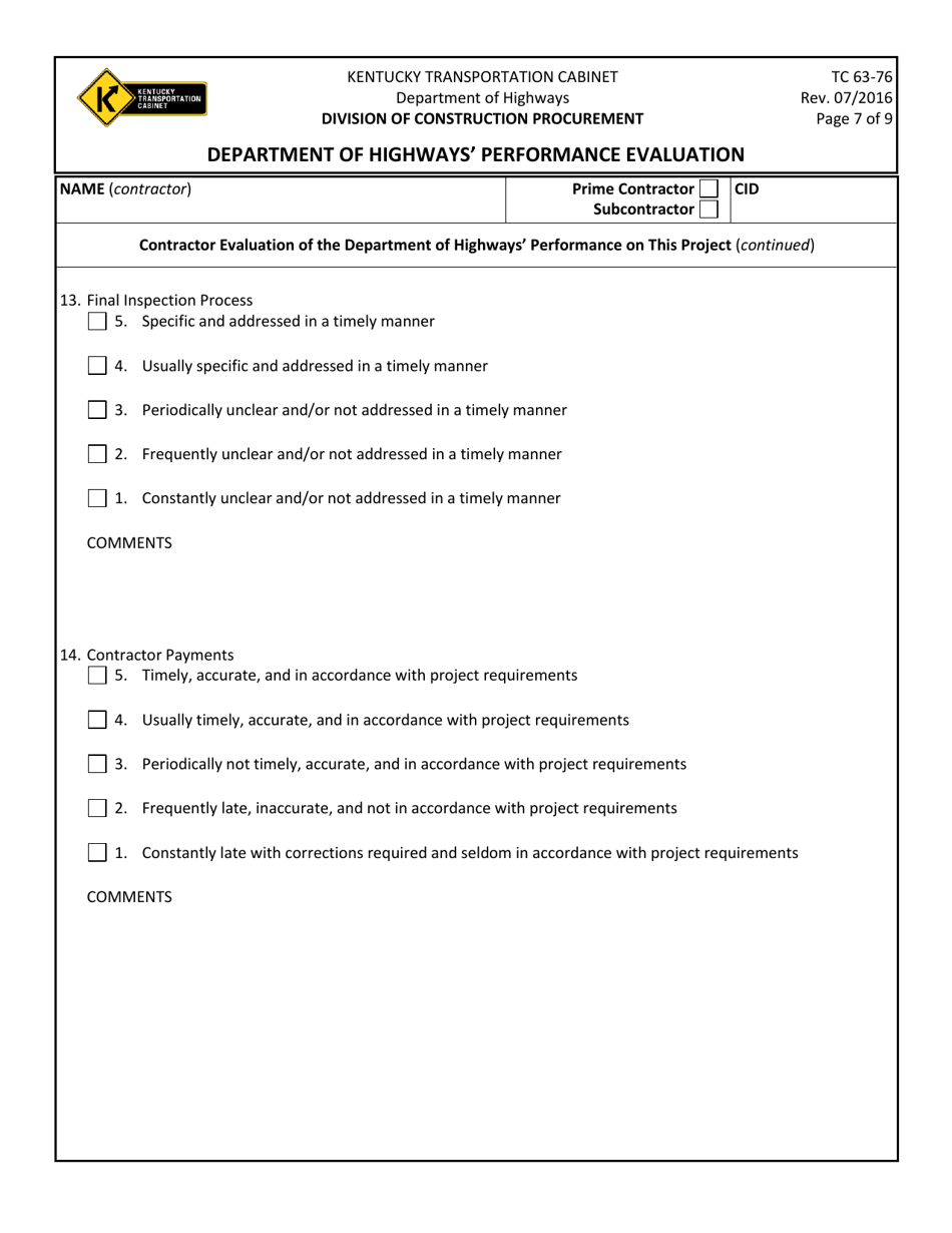 Form TC63-76 Department of Highways Performance Evaluation - Kentucky, Page 7