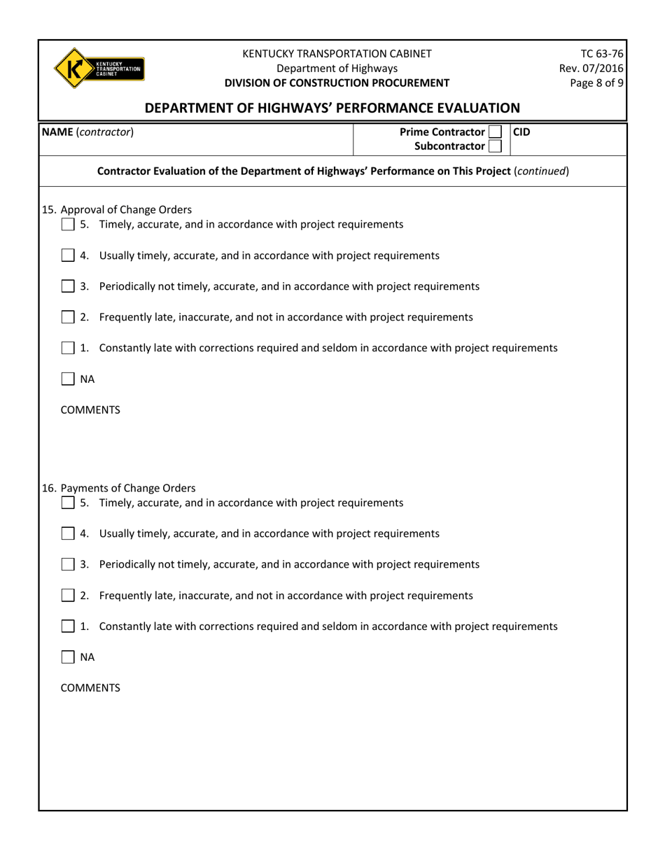 Form TC63-76 Department of Highways Performance Evaluation - Kentucky, Page 8