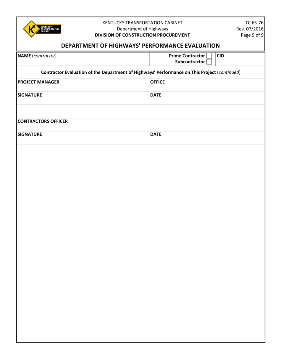 Form TC63-76 Department of Highways Performance Evaluation - Kentucky, Page 9