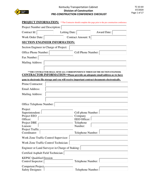 Form TC63-64 Pre-construction Conference Checklist - Kentucky