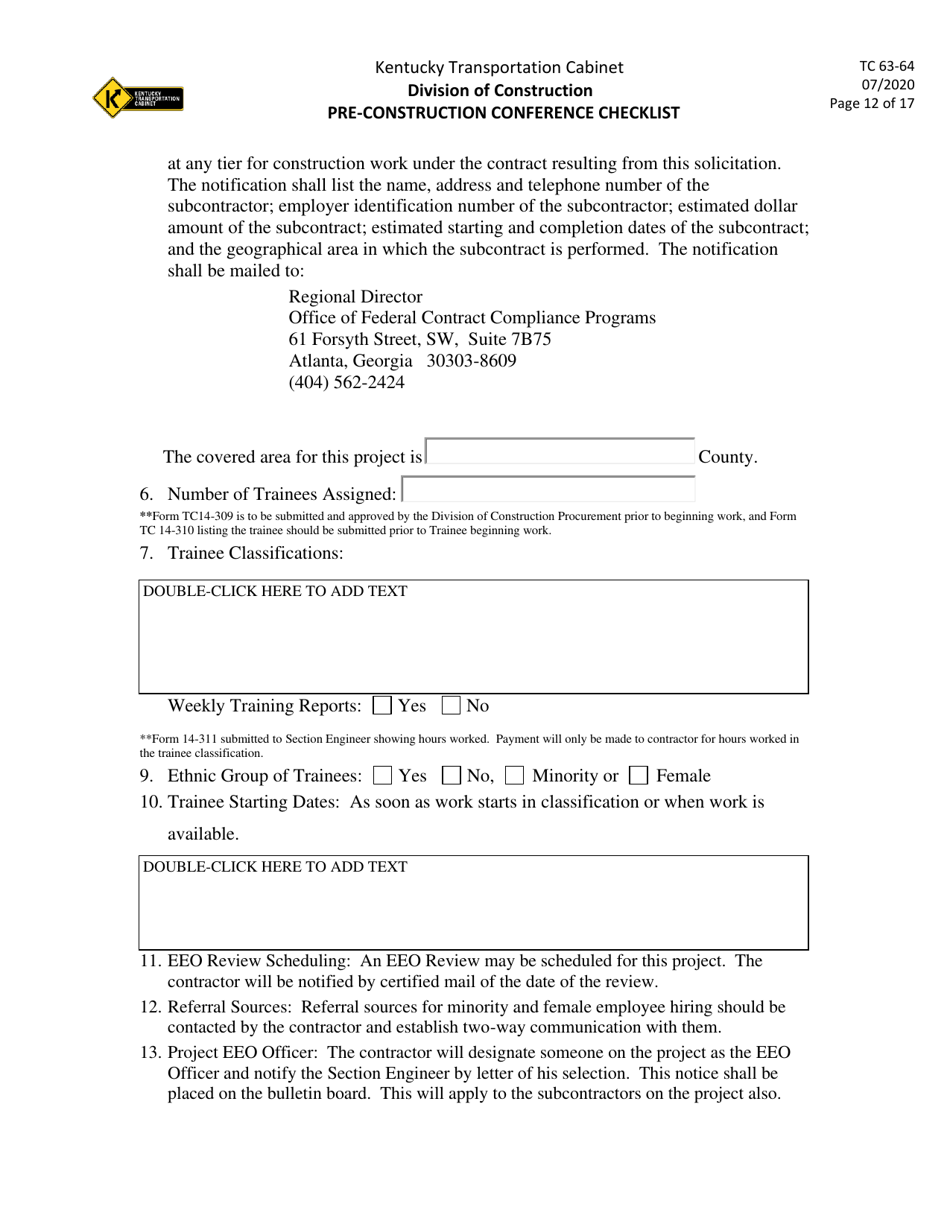 Form TC63-64 Pre-construction Conference Checklist - Kentucky, Page 12