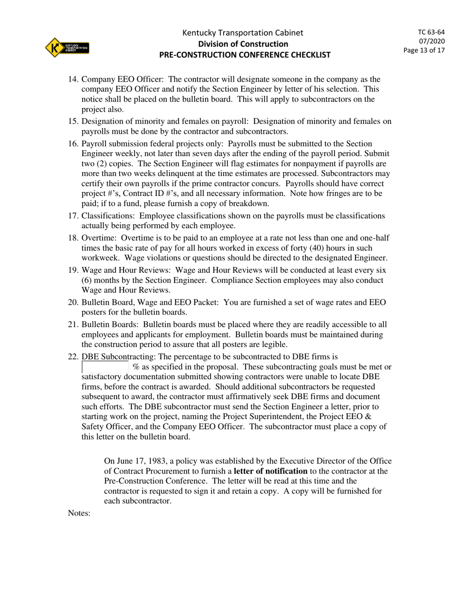 Form TC63-64 Pre-construction Conference Checklist - Kentucky, Page 13