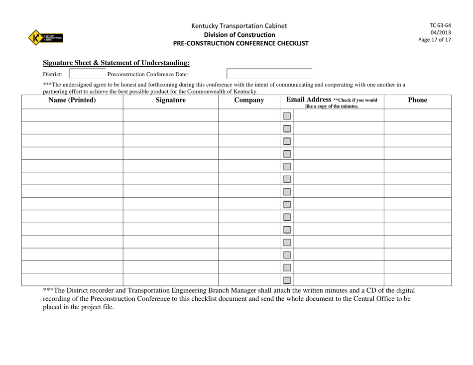 Form TC63-64 Pre-construction Conference Checklist - Kentucky, Page 17