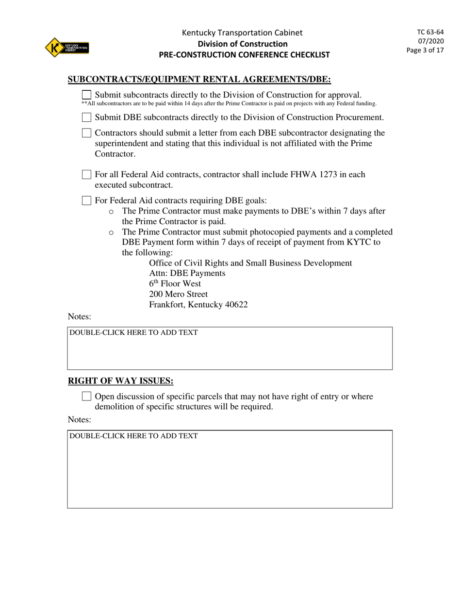 Form TC63-64 Pre-construction Conference Checklist - Kentucky, Page 3